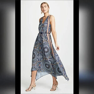 Ramy Brooke Vanna Rope Tie Boho Printed Midi Dress sz Small